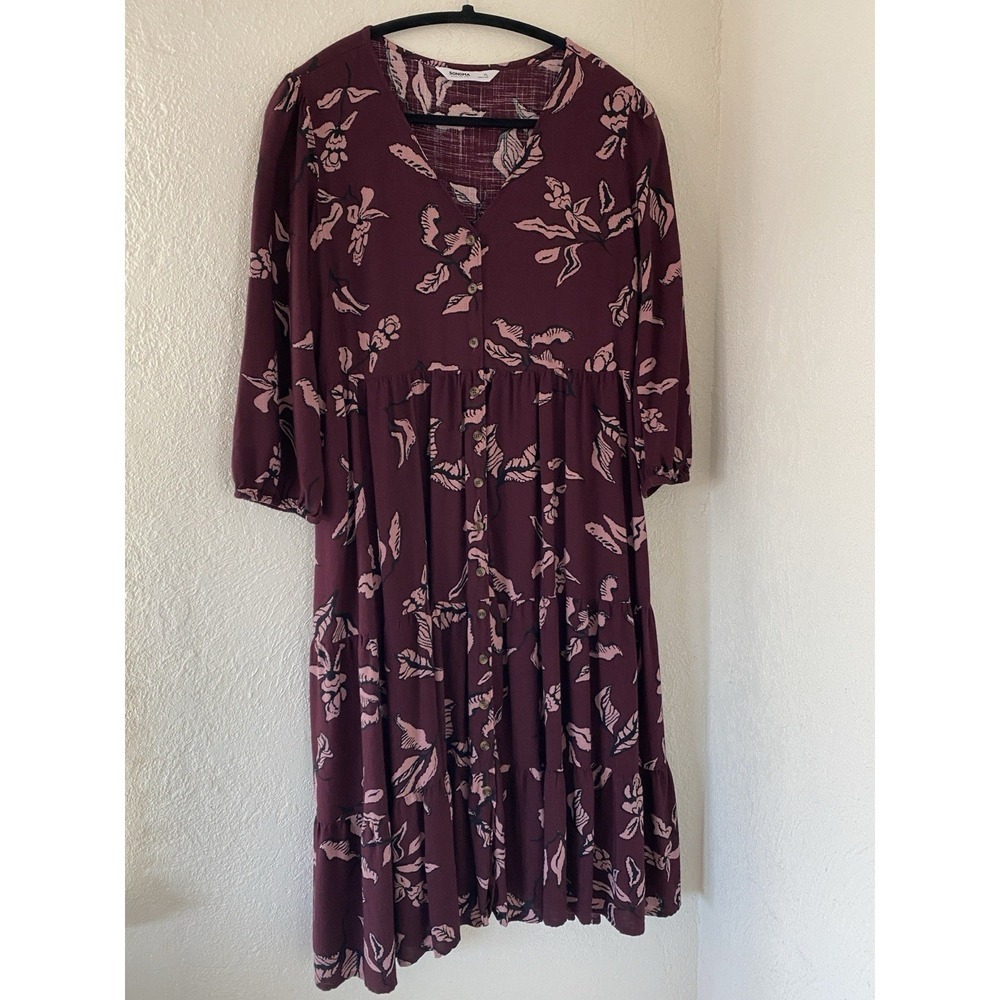Sonoma Burgundy Floral Button Front Midi Dress With Pockets Petite Large